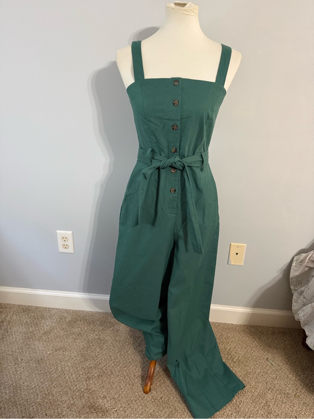 Baltic Born Emerald Green Button-Front Wide-Leg Jumpsuit with Tie Waist
